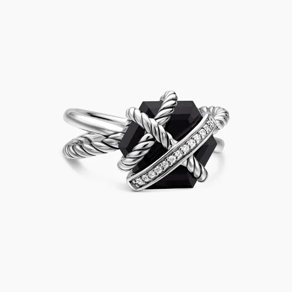 David Yurman cable wrap ring - sterling silver with black onyx and diamonds - Picture 3 of 5
